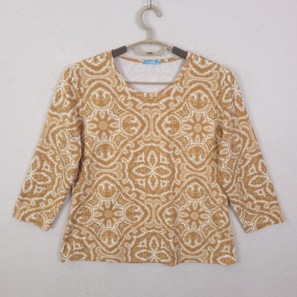 J.McLaughlin Top Womens XL Tan‎ White Geometric Tile Print 3/4 Sleeve Stretch